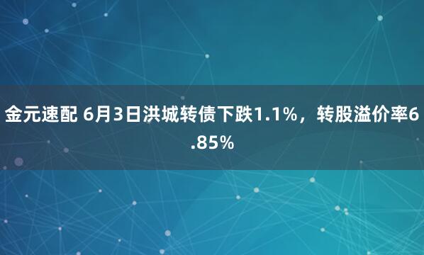 金元速配 6月3日洪城转债下跌1.1%，转股溢价率6.85%